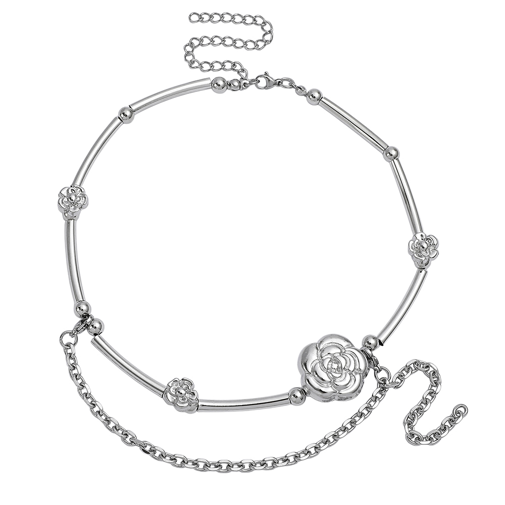 Layered Pendant Necklace Aesthetic - قلادة كاميليا بتصميم Y2K، لون فضي،